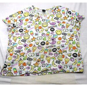 Smiley World Scrub Womens Top V Neck Pockets Short Sleeves 2XL Colorful
